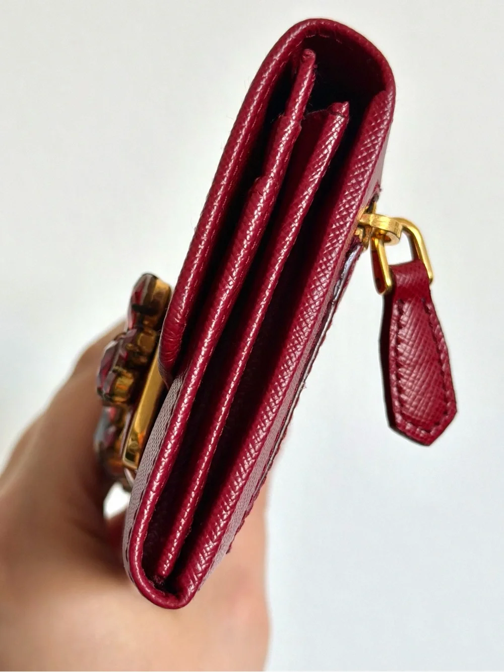 Prada Dark Red Leather Crystal Embellished Flap Continental Wallet